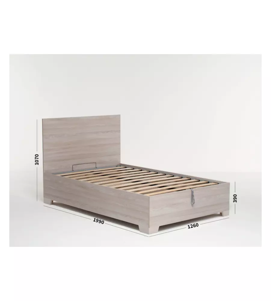 Letto 1 piazza e mezza 'hi box' olmo naturale con rete, contenitore e piedini 120x190 cm